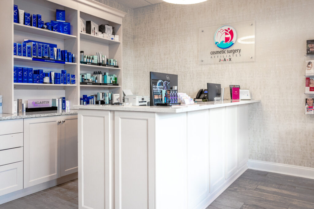 The view from the front desk as a patient walks in to learn more about skin care in Jacksonville.