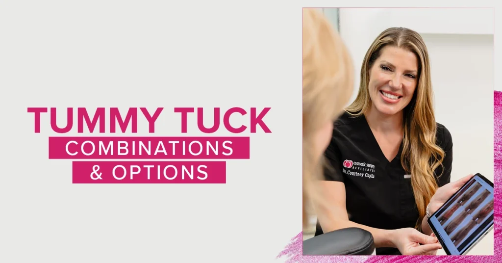 Cosmetic surgeon reviewing tummy tuck before and after photos with a patient on a tablet - Cosmetic Surgery Affiliates - OKC